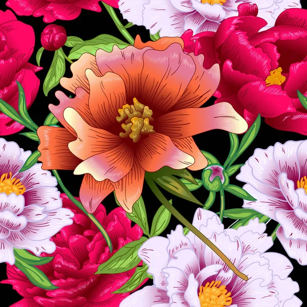 Fleurs Botaniques Florales Pivoines Rouges Roses Vectorielles Feuille Sauvage Printemps — Image vectorielle