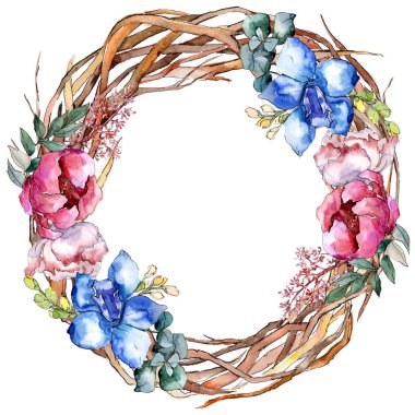 Şakayık buketleri botanik çiçek. Vahşi bahar yaprak izole kır çiçeği. Suluboya arka plan illüstrasyon küme. Suluboya çizim moda aquarelle. Çerçeve kenarlığı süsleme Meydanı.