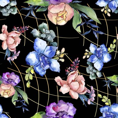 Şakayık buketleri botanik çiçek. Vahşi bahar yaprak izole. Suluboya resim kümesi. Suluboya çizim moda aquarelle. Sorunsuz arka plan deseni. Kumaş duvar kağıdı yazdırma doku.