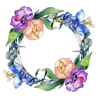 Şakayık buketleri botanik çiçek. Vahşi bahar yaprak izole kır çiçeği. Suluboya arka plan illüstrasyon küme. Suluboya çizim moda aquarelle. Çerçeve kenarlığı kristal süsleme Meydanı.