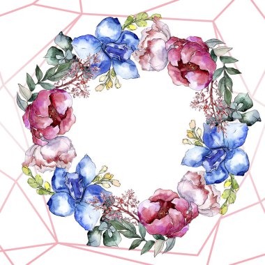 Şakayık buketleri botanik çiçek. Vahşi bahar yaprak izole kır çiçeği. Suluboya arka plan illüstrasyon küme. Suluboya çizim moda aquarelle. Çerçeve kenarlığı kristal süsleme Meydanı.