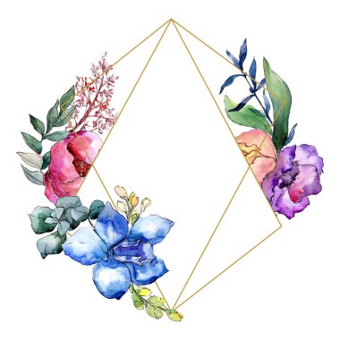 Şakayık buketleri botanik çiçek. Vahşi bahar yaprak izole kır çiçeği. Suluboya arka plan illüstrasyon küme. Suluboya çizim moda aquarelle. Çerçeve kenarlığı kristal süsleme Meydanı.