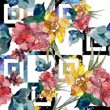 Lüks moda kır çiçekleri ile yazdırır. Vahşi bahar yaprak kır çiçeği. Suluboya resim kümesi. Suluboya çizim moda aquarelle. Sorunsuz arka plan deseni. Kumaş duvar kağıdı yazdırma doku.