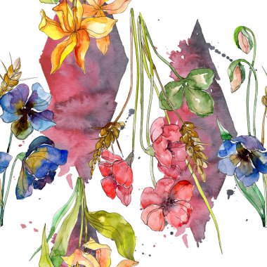 Lüks moda kır çiçekleri ile yazdırır. Vahşi bahar yaprak kır çiçeği. Suluboya resim kümesi. Suluboya çizim moda aquarelle. Sorunsuz arka plan deseni. Kumaş duvar kağıdı yazdırma doku.