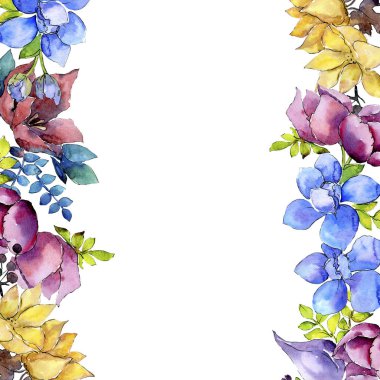 Buket kompozisyon çiçek botanik çiçekler. Vahşi bahar yaprak izole kır çiçeği. Suluboya arka plan illüstrasyon küme. Suluboya çizim moda aquarelle. Çerçeve kenarlığı süsleme Meydanı.