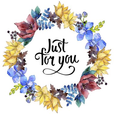 Buket kompozisyon çiçek botanik çiçekler. Vahşi bahar yaprak izole kır çiçeği. Suluboya arka plan illüstrasyon küme. Suluboya çizim moda aquarelle. Çerçeve kenarlığı süsleme Meydanı.