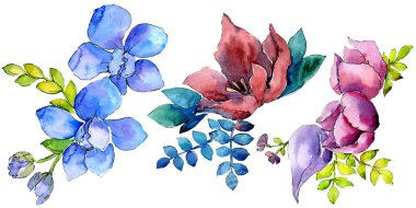 Buket kompozisyon çiçek botanik çiçekler. Vahşi bahar yaprak kır çiçeği. Suluboya arka plan illüstrasyon küme. Suluboya çizim moda aquarelle. İzole buket illüstrasyon öğesi.