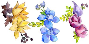 Buket kompozisyon çiçek botanik çiçekler. Vahşi bahar yaprak kır çiçeği. Suluboya arka plan illüstrasyon küme. Suluboya çizim moda aquarelle. İzole buket illüstrasyon öğesi.