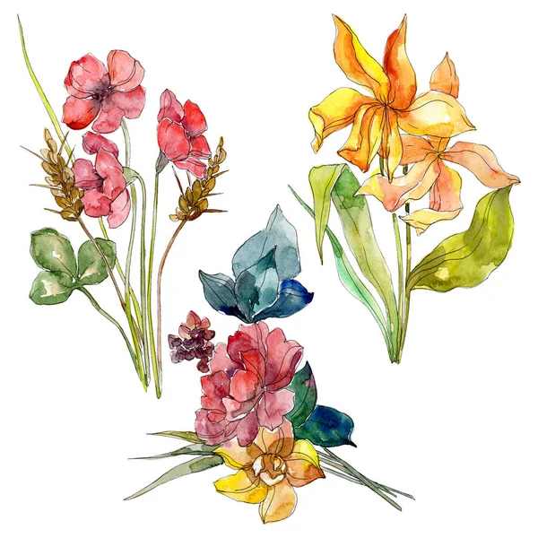 Wildflower bouquet floral botanical flowers. Wild spring leaf wildflower. Watercolor background illustration set. Watercolour drawing fashion aquarelle. Isolated wildflower illustration element.