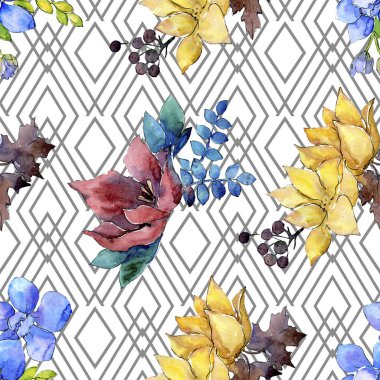 Buket kompozisyon botanik çiçek. Vahşi bahar yaprak kır çiçeği. Suluboya resim kümesi. Suluboya çizim moda aquarelle. Sorunsuz arka plan deseni. Kumaş duvar kağıdı yazdırma doku.