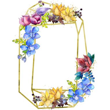 Buket kompozisyon botanik çiçek. Vahşi bahar yaprak izole kır çiçeği. Suluboya arka plan illüstrasyon küme. Suluboya çizim moda aquarelle. Çerçeve kenarlığı kristal süsleme Meydanı.