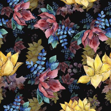 Buket kompozisyon botanik çiçek. Vahşi bahar yaprak kır çiçeği. Suluboya resim kümesi. Suluboya çizim moda aquarelle. Sorunsuz arka plan deseni. Kumaş duvar kağıdı yazdırma doku.