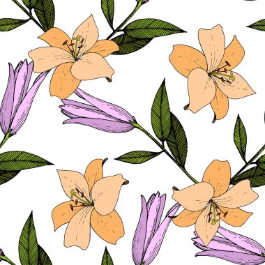 Vektör Lily botanik çiçek. Oyulmuş mürekkep sanat. Sorunsuz arka plan deseni. Kumaş duvar kağıdı yazdırma doku.