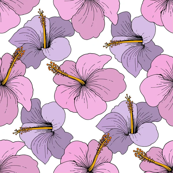 Vector Hibiscus flores tropicales florales. Tinta grabada sobre fondo blanco. Patrón de fondo sin costuras . — Vector de stock