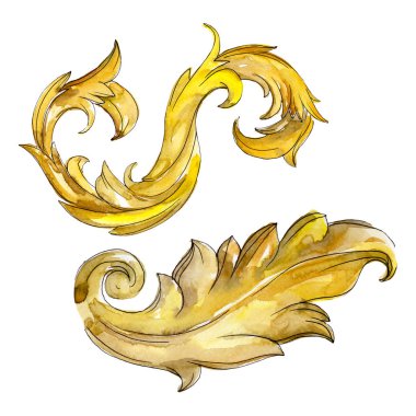 Altın monogram çiçek süsleme. Barok izole öğeleri Tasarla. Suluboya arka plan illüstrasyon seti.