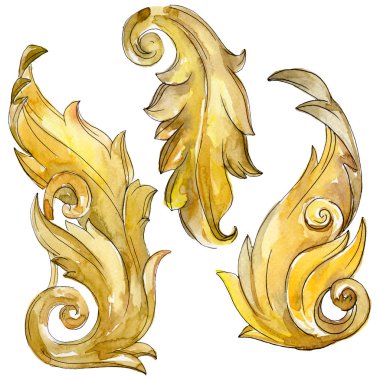 Altın monogram çiçek süsleme. Barok izole öğeleri Tasarla. Suluboya arka plan illüstrasyon seti.