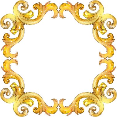 Altın monogram çiçek süsleme. Suluboya arka plan illüstrasyon küme. Çerçeve kenarlığı süsleme Meydanı.
