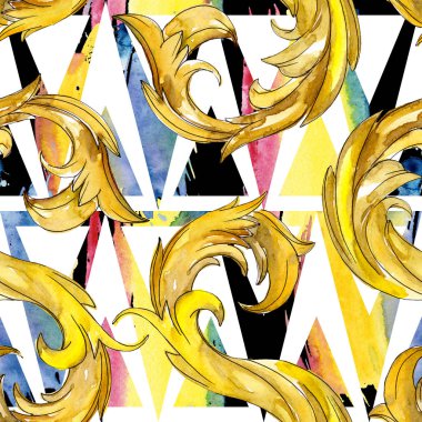 Altın monogram çiçek süsleme. Suluboya arka plan illüstrasyon küme. Sorunsuz arka plan deseni.