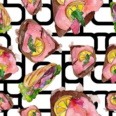 Bir suluboya tarzında sandviç. Suluboya lokanta illüstrasyon öğesi. Sorunsuz arka plan deseni.