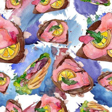 Bir suluboya tarzında sandviç. Suluboya lokanta illüstrasyon öğesi. Sorunsuz arka plan deseni.