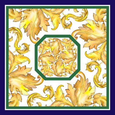 Altın monogram çiçek süsleme. Suluboya arka plan illüstrasyon küme. Arka plan deseni.