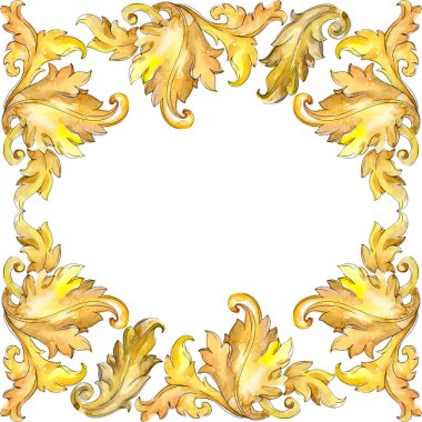 Altın monogram çiçek süsleme. Suluboya arka plan illüstrasyon küme. Çerçeve kenarlığı süsleme Meydanı.