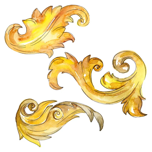 Altın monogram çiçek süsleme. Barok izole öğeleri Tasarla. Suluboya arka plan illüstrasyon seti.