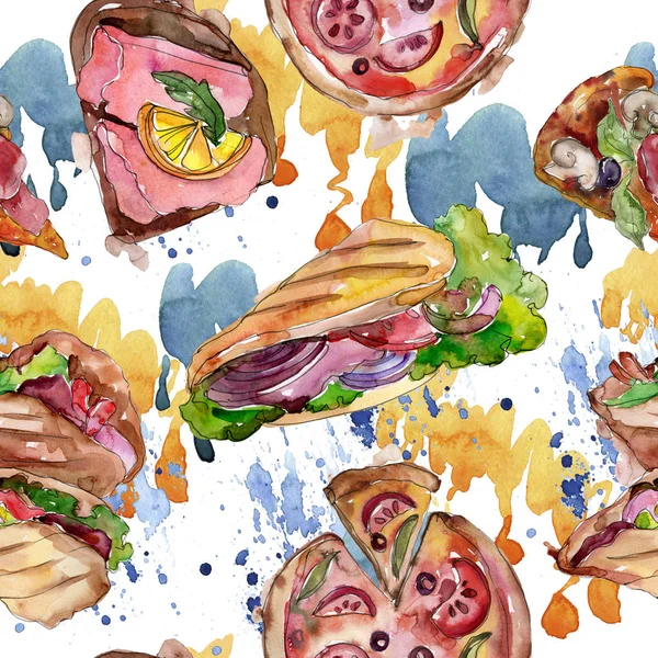 Sandwich in stile acquerello. Elemento illustrativo di fast food ad acquerello. Modello di sfondo senza soluzione di continuità . — Foto Stock