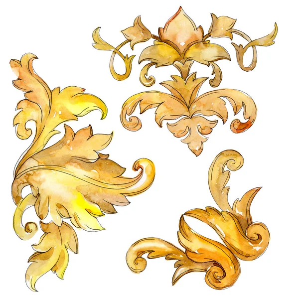 Gold monogram floral ornament. Baroque design isolated elements. Watercolor background illustration set. — Stock Photo, Image
