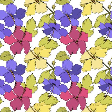 Vektör Hibiscus çiçek botanik çiçek. Oyulmuş mürekkep sanat. Sorunsuz arka plan deseni. Kumaş duvar kağıdı yazdırma doku.