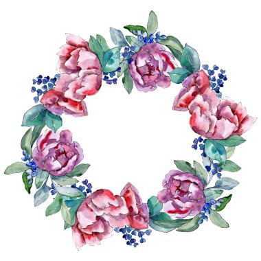 Mor buket botanik çiçek. Suluboya arka plan illüstrasyon küme. Çerçeve kenarlığı süsleme Meydanı.