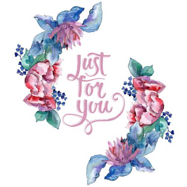 Mor buket botanik çiçek. Suluboya arka plan illüstrasyon küme. Çerçeve kenarlığı süsleme Meydanı.