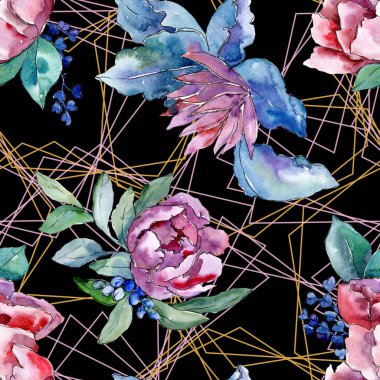 Mor buket botanik çiçek. Suluboya arka plan illüstrasyon küme. Sorunsuz arka plan deseni.