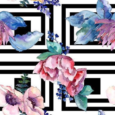 Mor buket botanik çiçek. Suluboya arka plan illüstrasyon küme. Sorunsuz arka plan deseni.
