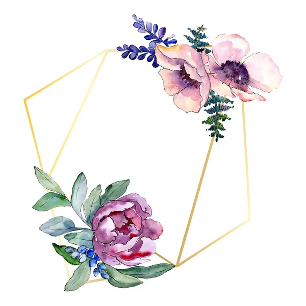 Фиолетовый букет цветочный ботанический цветок. Набор акварельных фонов. Граничный орнамент . — стоковое фото