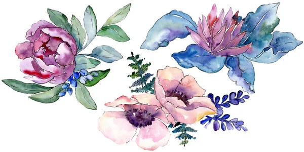 Purple bouquet foral botanical flowers. Watercolor background set. Isolated bouquet illustration element. — Stock Photo, Image