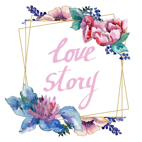 Mor buket botanik çiçek. Suluboya arka plan illüstrasyon küme. Çerçeve kenarlığı süsleme Meydanı.