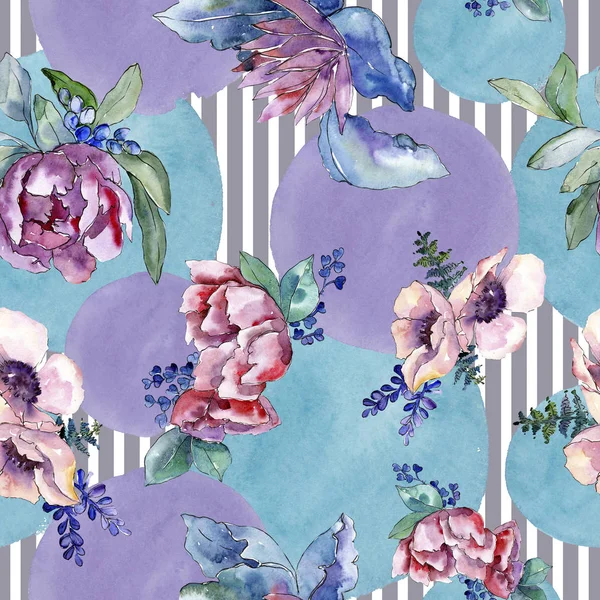 Purple bouquet floral botanical flower. Watercolor background illustration set. Seamless background pattern. — Stock Photo, Image