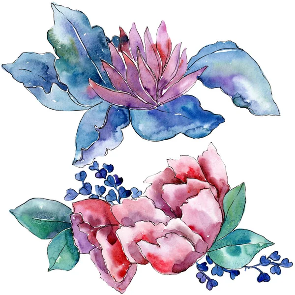 Lila bukett foral botaniska blommor. Akvarell bakgrunden set. Isolerade bukett illustration element. — Stockfoto