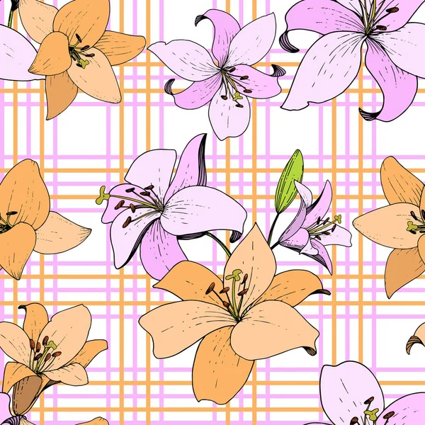 Vektör Lily botanik çiçek. Oyulmuş mürekkep sanat. Sorunsuz arka plan deseni. Kumaş duvar kağıdı yazdırma doku. — Stok Vektör