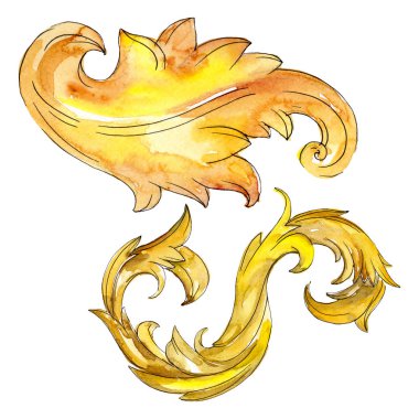 Altın monogram çiçek süsleme. Barok tasarım öğeleri. Suluboya arka plan illüstrasyon küme. Suluboya çizim moda aquarelle. İzole monogram illüstrasyon öğesi.