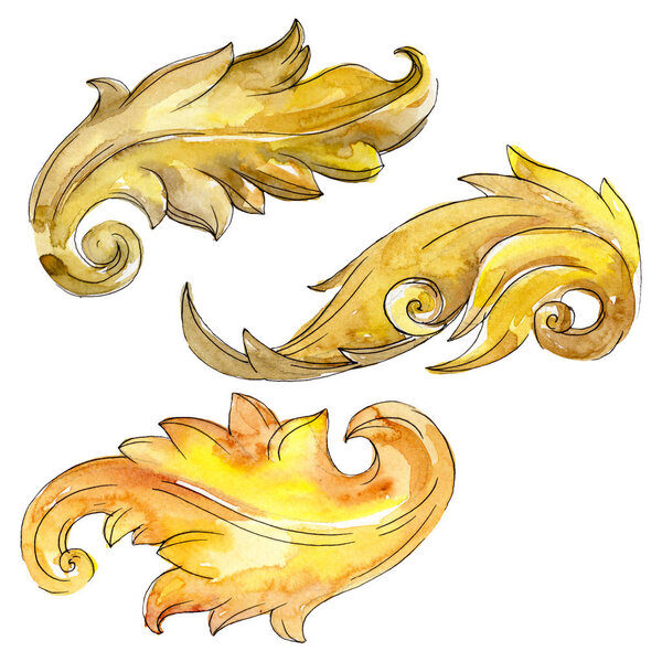 Gold monogram floral ornament. Baroque design elements. Watercolor background illustration set. Watercolour drawing fashion aquarelle. Isolated monogram illustration element.