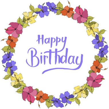 Vektör Hibiscus çiçek botanik çiçek. Egzotik tropik hawaiian yaz. Beyaz arka plan üzerinde oyulmuş mürekkep sanat. Çerçeve kenarlığı süsleme Meydanı.