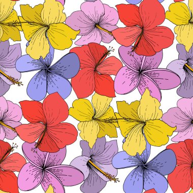 Vektör Hibiscus çiçek tropik çiçekler. Vahşi bahar yaprak izole kır çiçeği. Beyaz arka plan üzerinde oyulmuş mürekkep sanat. Sorunsuz arka plan deseni. Kumaş duvar kağıdı yazdırma doku.