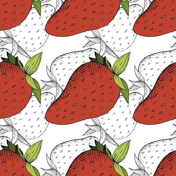 Vektor Erdbeere Frisches Obst Gesunde Nahrung Rote Und Grüne Gravurtintenkunst — Stockvektor