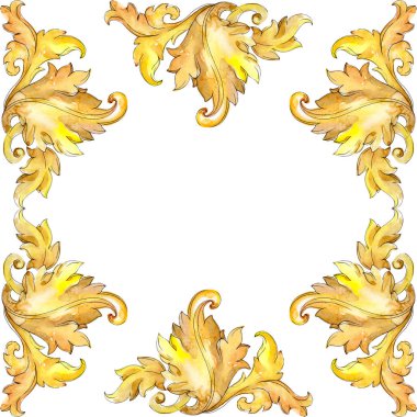Altın monogram çiçek süsleme. Barok izole öğeleri Tasarla. Suluboya arka plan illüstrasyon küme. Suluboya çizim moda aquarelle izole. Çerçeve kenarlığı süsleme Meydanı.