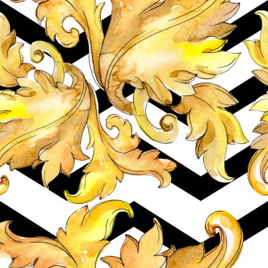 Altın monogram çiçek süsleme. Barok izole öğeleri Tasarla. Suluboya resim kümesi. Suluboya çizim moda aquarelle. Sorunsuz arka plan deseni. Kumaş duvar kağıdı yazdırma doku.