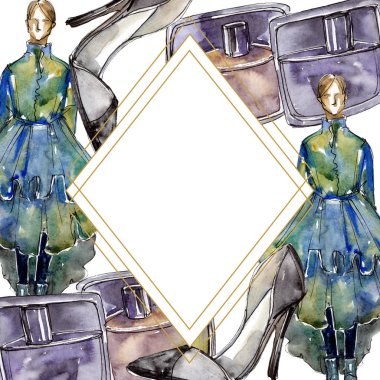 Moda kroki çizimde bir suluboya stil öğesi. Giyim Aksesuarları aqurelle trendy moda kıyafet ayarlayın. Suluboya arka plan illüstrasyon ayarlayın. Çerçeve kenarlığı kristal süsleme Meydanı.