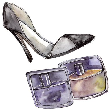Parfüm ve Ayakkabı Moda glamour çizimde bir suluboya stil izole aquarelle öğesi kroki. Giyim Aksesuarları trendy moda kıyafet ayarlayın. Suluboya arka plan illüstrasyon seti.