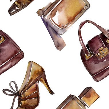 Moda kroki glamour çizimde bir suluboya stil öğesi. Giyim Aksesuarları aqurelle modaya uygun kıyafet ayarlayın. Suluboya sorunsuz arka plan deseni ayarlayın. Kumaş duvar kağıdı yazdırma doku.